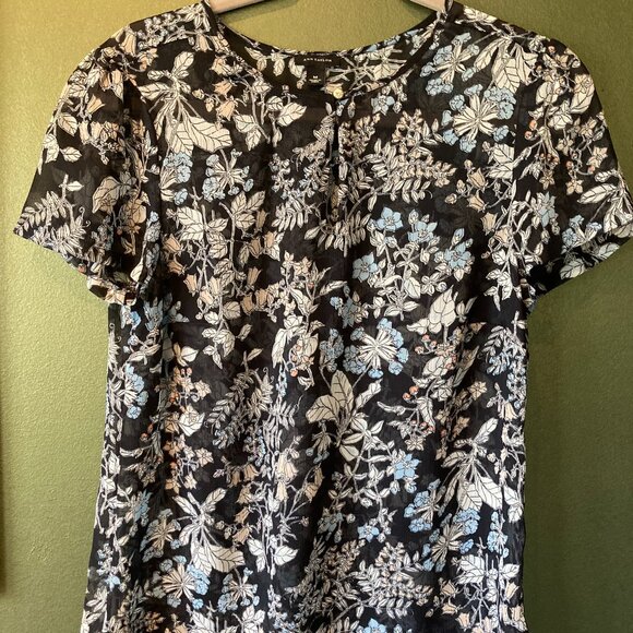 Ann Taylor Sheer Floral Short Sleeve Blouse, Navy Blue & Floral Pattern, Size M - Picture 1 of 8